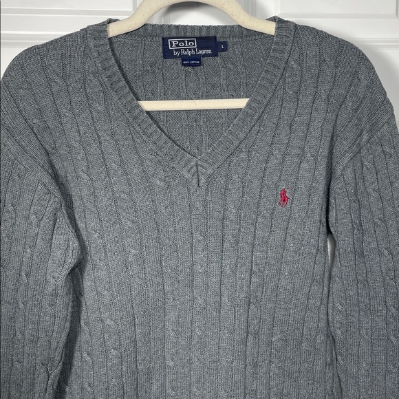 Polo Ralph Lauren Cable Knit Sweater Size Large V Neck Grey Cotton - Picture 3 of 15